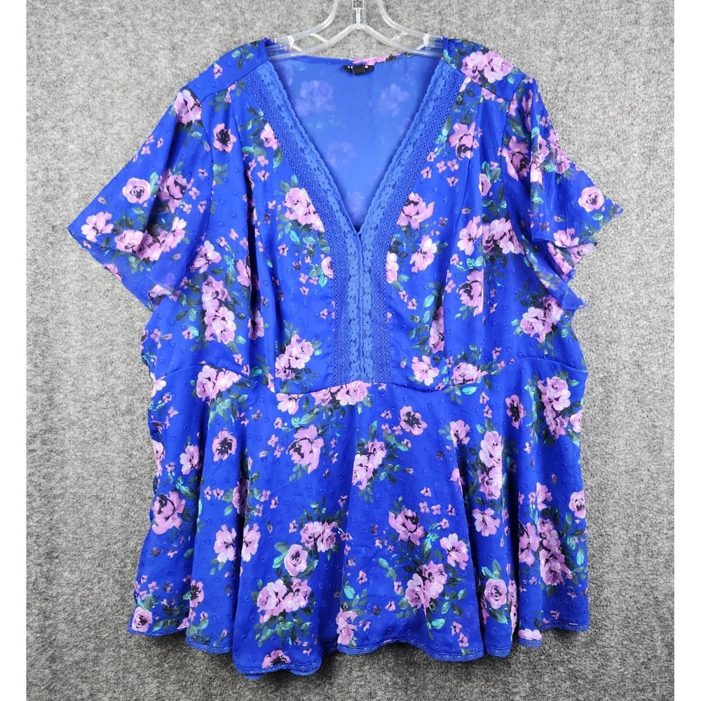 Torrid Floral Peplum Blouse Women 4 Royal Blue Good Lace Trim Clip Dot Chiffon‎